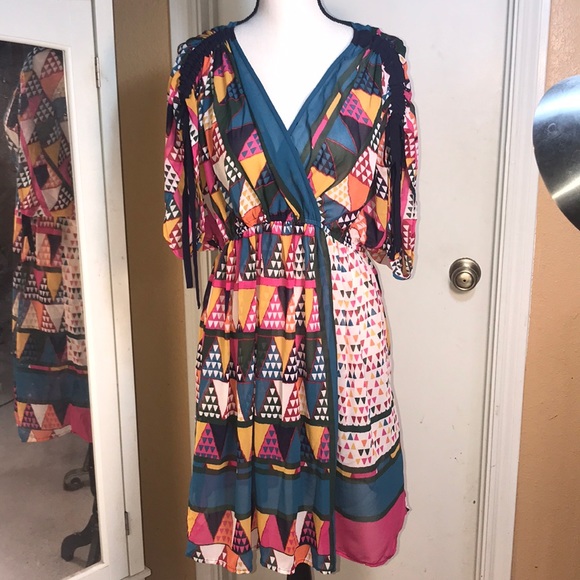 Anthropologie Dresses & Skirts - Maeve Drop Shoulder Sheer Geo Print Vibrant Dress